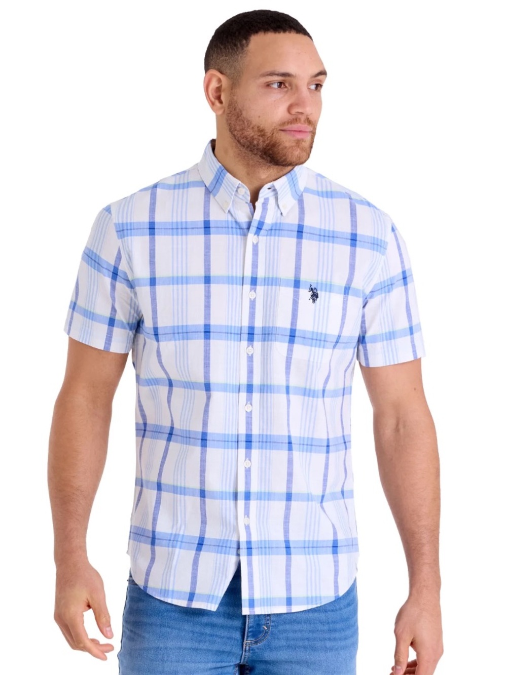 U.S. polo Assn Men's Short-Sleeve Blue Plaid Button-Down Shirt NEW